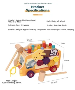 Wooden ice cream truck mole-hit toy with colorful gears and two wooden mallets for toddlers