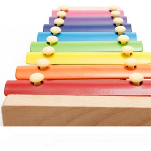 8-note wooden xylophone for babies with colorful metal keys on a white background