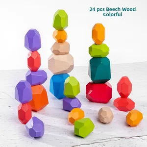 Detailed set of 24 colorful beech wood balancing blocks in irregular pebble shapes
