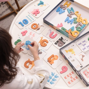 Wooden Alphabet Number Matching Puzzle Cards Kids Educational Learning Toy Animal Illustrations Montessori Early Childhood