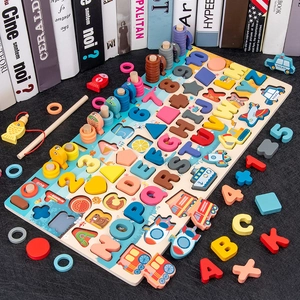 Wooden Montessori sorting board with magnetic fishing game, letters, and colorful numbers