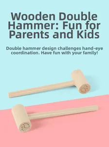 Detail of two wooden toy hammers with dinosaur engraving and smooth natural wood finish