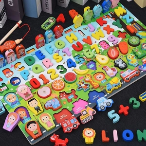 Educational magnetic wooden puzzle board for kids with letters, numbers and animals