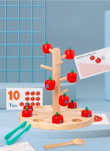 Detail of wooden apple picking set with counting cards for math learning and motor skills