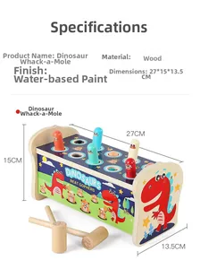 Macro view of dinosaur-themed wooden hammer game toy with product dimensions 27x15x13.5cm