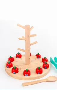 Macro detail of wooden apple counting toy set with numbers for preschool math learning