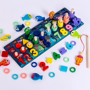 Educational wooden magnetic fishing puzzle with numbers and shapes for toddlers