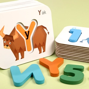Educational wooden alphabet and number matching puzzles with cartoon animal cards