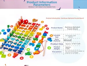 Vue détaillée du puzzle 7-en-1 en bois avec lettres, chiffres et jeu de pêche magnétique