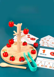 Detailed view of wooden apple tree counting toy with number blocks and learning cards