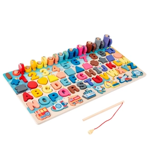 Multifunctional wooden Montessori puzzle with colorful letters, numbers and magnetic fishing game