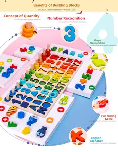 Détail du jouet Montessori 6-en-1 en bois avec alphabet, chiffres et jeu de pêche magnétique