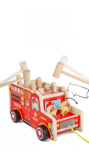 Detail of wooden fire truck whack-a-mole toy with hammers and bouncing characters