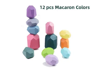 Close-up of 12pcs macaron colored wooden stacking stones for kids' balance training