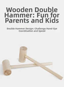 Close-up of wooden toy hammers with carved cartoon designs for hand-eye coordination