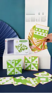 3D wooden logical puzzle blocks with geometric patterns and challenge cards for kids