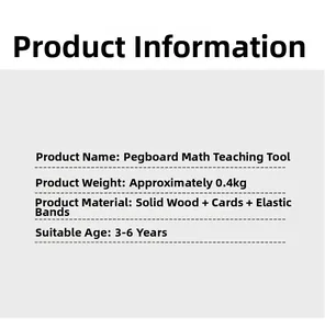 Specifications of wooden pegboard math toy showing weight and materials for 3-6 years