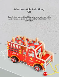 Detail of wooden fire truck toy featuring 8 moles with flame patterns and pulling rope