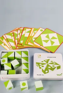 Detailed view of 3D wooden spatial logic puzzle blocks with geometric patterns and cards