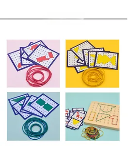 Detail of wooden geoboard set with colorful elastic bands and geometric pattern cards