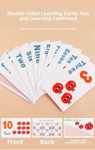 Close-up of double-sided math flashcards for kids learning numbers and basic addition