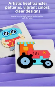 Détail de puzzles en bois de hibou et tracteur montrant l'art du transfert thermique