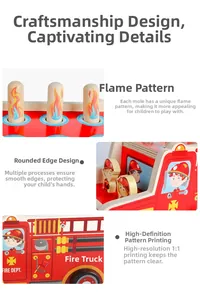 Detail of wooden fire truck toy showing smooth edges and high resolution printed patterns
