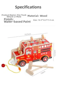 Detailed view of red wooden fire truck whack-a-mole toy with dimensions and wooden hammers