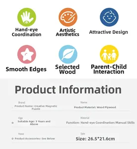 Detailed specifications of creative magnetic wooden puzzle with size and safety icons