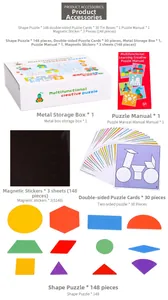 Detailed set of 148 wooden magnetic geometric shapes with storage box and pattern cards