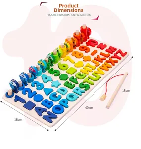 Vue détaillée du jouet éducatif 6-en-1 en bois avec dimensions et éléments de pêche