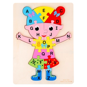 Puzzle alphabet bois pour enfants avec forme de fille et blocs colorés de A à Z