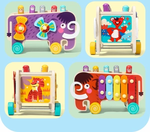 Detail of wooden mammoth activity walker showing xylophone gears and animal patterns