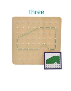 Close-up of wooden geoboard with rubber bands and geometric pattern reference card
