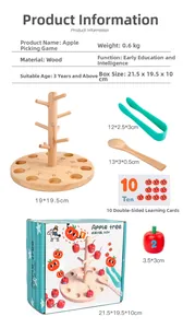 Detail view of wooden apple picking set with tweezers, spoon, and numerical learning cards