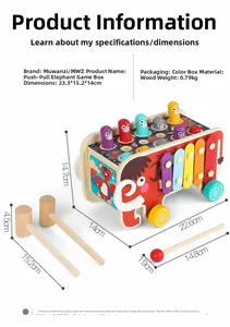 Detail view showing dimensions of a mammoth wooden whack-a-mole and xylophone toy