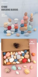 Detailed set of 36 colorful wooden rainbow stone building blocks for kids balancing