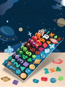 Space-themed wooden log board for kids with colorful numbers and geometric shapes