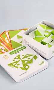 Wooden 3D spatial thinking blocks set with logic puzzle cards in a white metal tin box