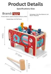 Detailed view of elephant wooden whack-a-mole toy with dimensions 21.5x10x12cm and hammer