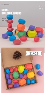 Detailed view of 21pcs rainbow stone building blocks in a premium kraft gift box