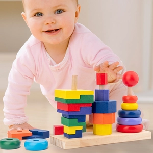 Montessori Holz-Stapelturm Geometrie-Puzzlespiel für Kleinkinder mit bunten Blöcken
