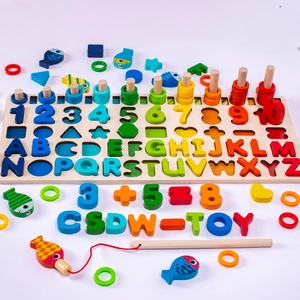 Planche éducative 6 en 1 en bois avec pêche magnétique, lettres, chiffres et formes