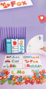 Detailed view of wooden alphabet tiles and illustrated spelling cards for kids