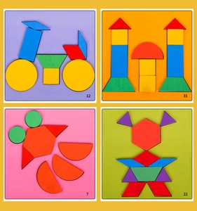 Detail of wooden geometric puzzle blocks forming shapes of a bicycle, tower, and girl