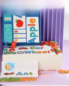 Educational wooden alphabet spelling puzzle game with colorful letters and word cards