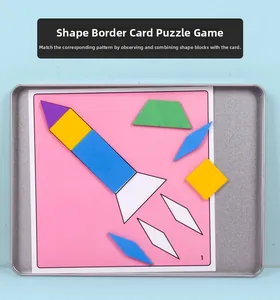 Macro view of wooden geometric shapes and rocket puzzle cards for early childhood education