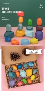 Detailed view of 16-piece wooden rainbow stone blocks with kraft gift box packaging