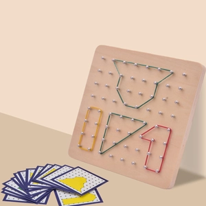 Wooden Montessori Geoboard toy set with colored rubber bands and geometric cards