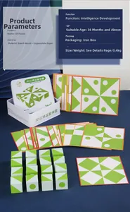 Macro detail of beech wood 3D puzzle blocks and logic cards in a storage metal box